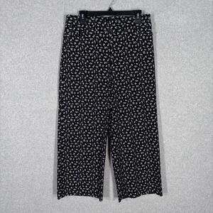 Chicos Wide Leg Crop Pants Medium 10 Black Abstract Floral Pull On Career Casual